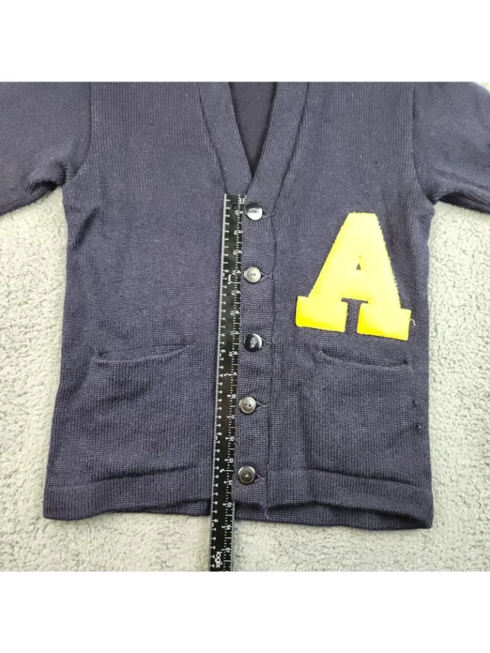 VTG‎ High School Varsity Letterman Wool Cardigan Small/Med Navy Blue Yellow 